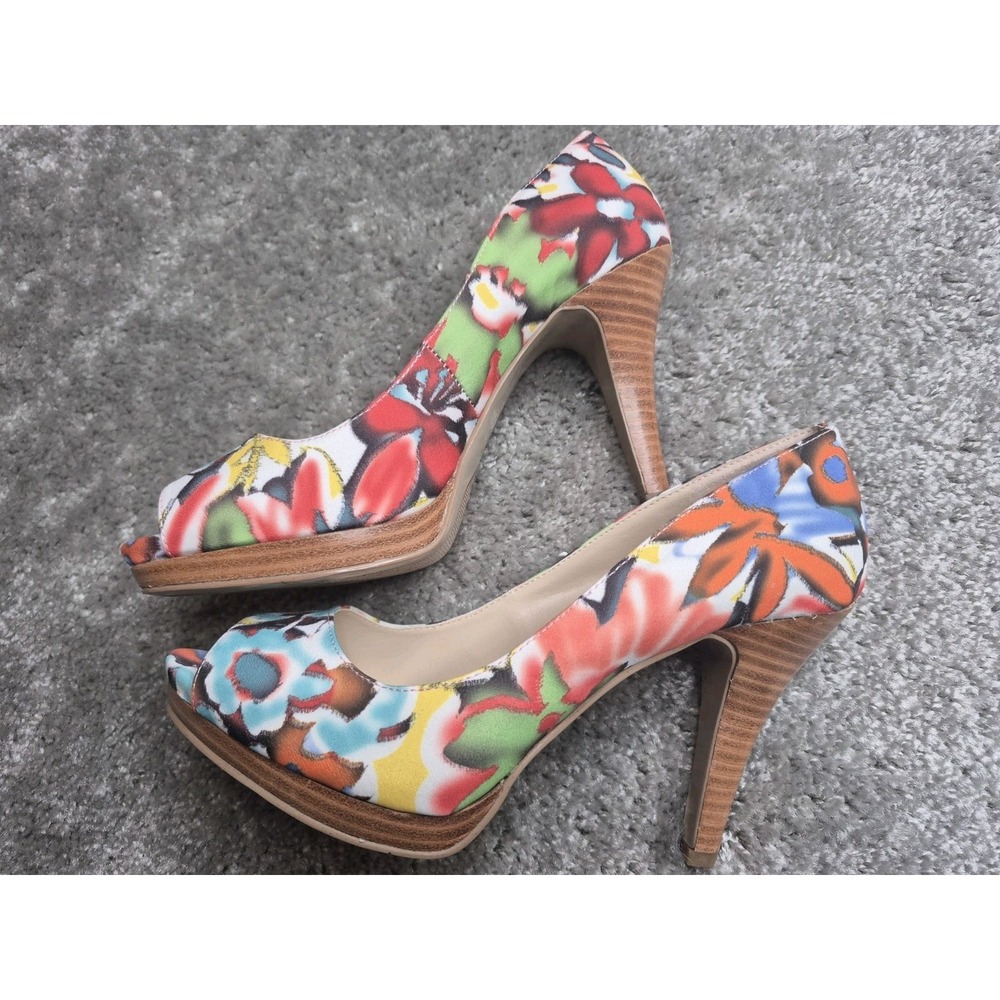 Nine West "Danee" Multicolor Floral Peep Toe Platform Pumps Size 7 M